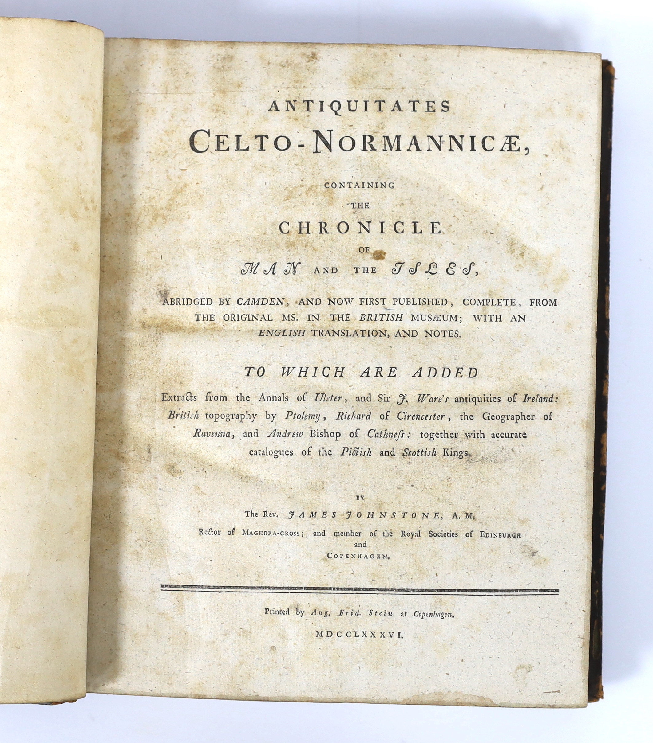 Johnstone, James - Antiquates Celto-Normannicae, containing the Chronicle of Man and the Isles...now first published, complete....To which are added Extracts from the Annals of Ulster, and Sir J. Ware's Antiquities of Ir